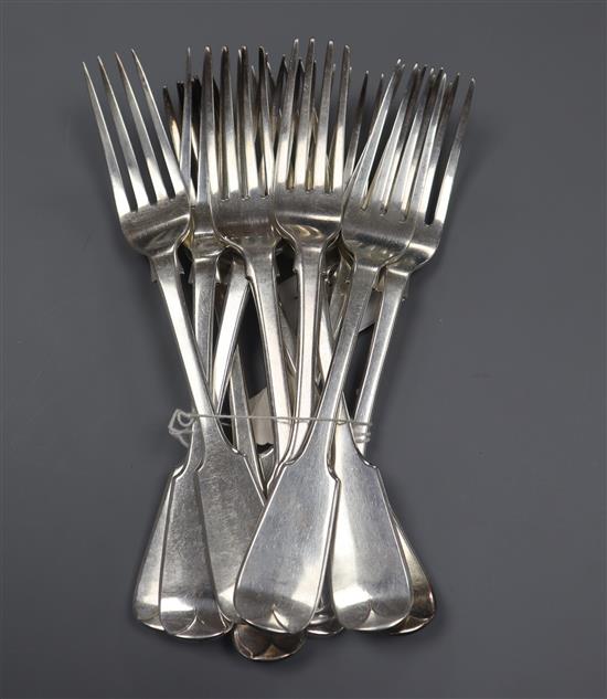 A set of eight William IV silver fiddle pattern table forks, London, 1835 and four similar forks, 30 oz.